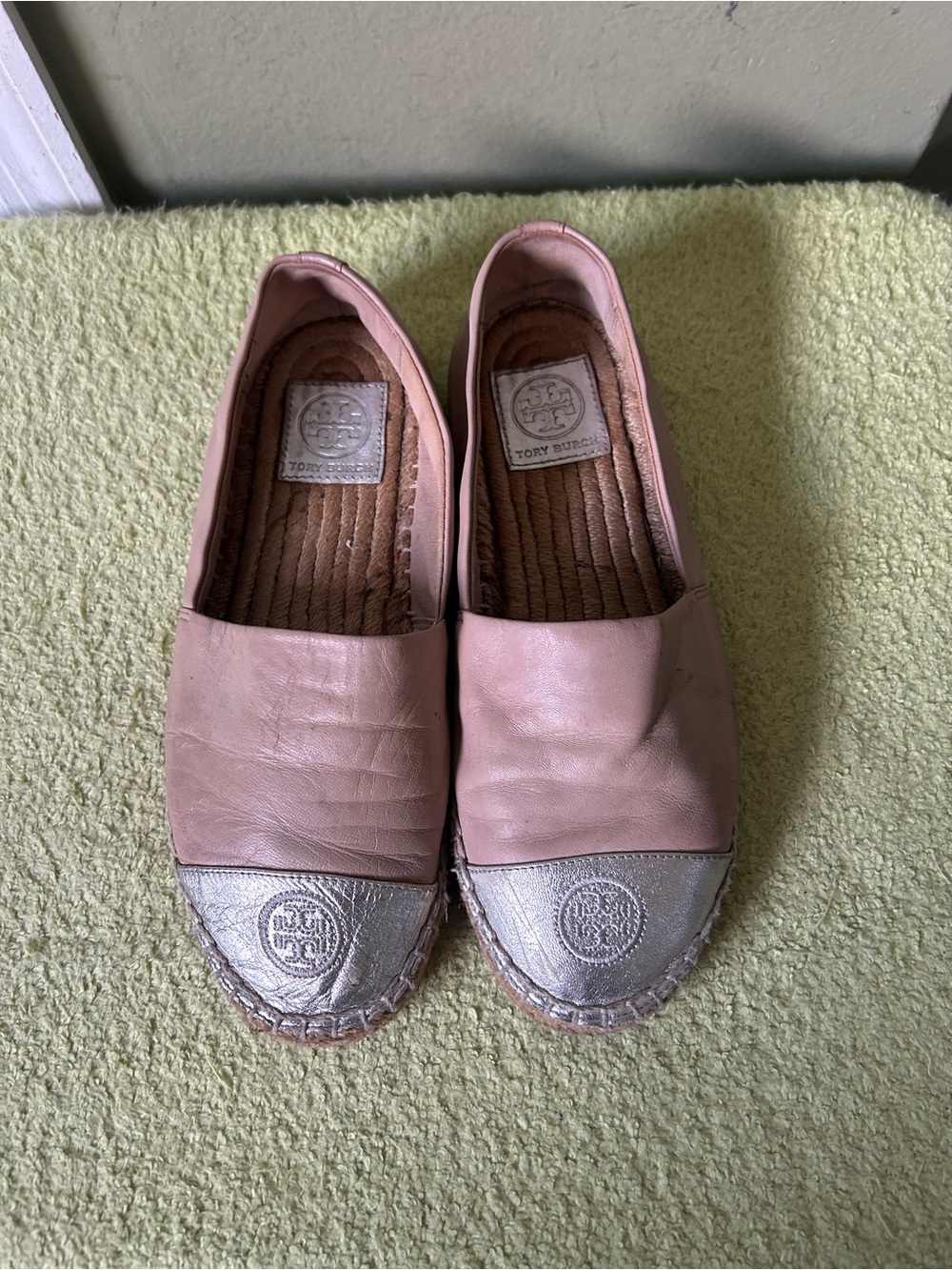 Tory Burch Tan Leather Espadrille Flats with Silver Cap Toe